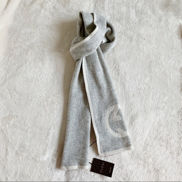 NWT Authentic Gucci Woven Unisex Cashmere Long Scarf Ivory Gray Interlock Logo - Picture 8 of 9